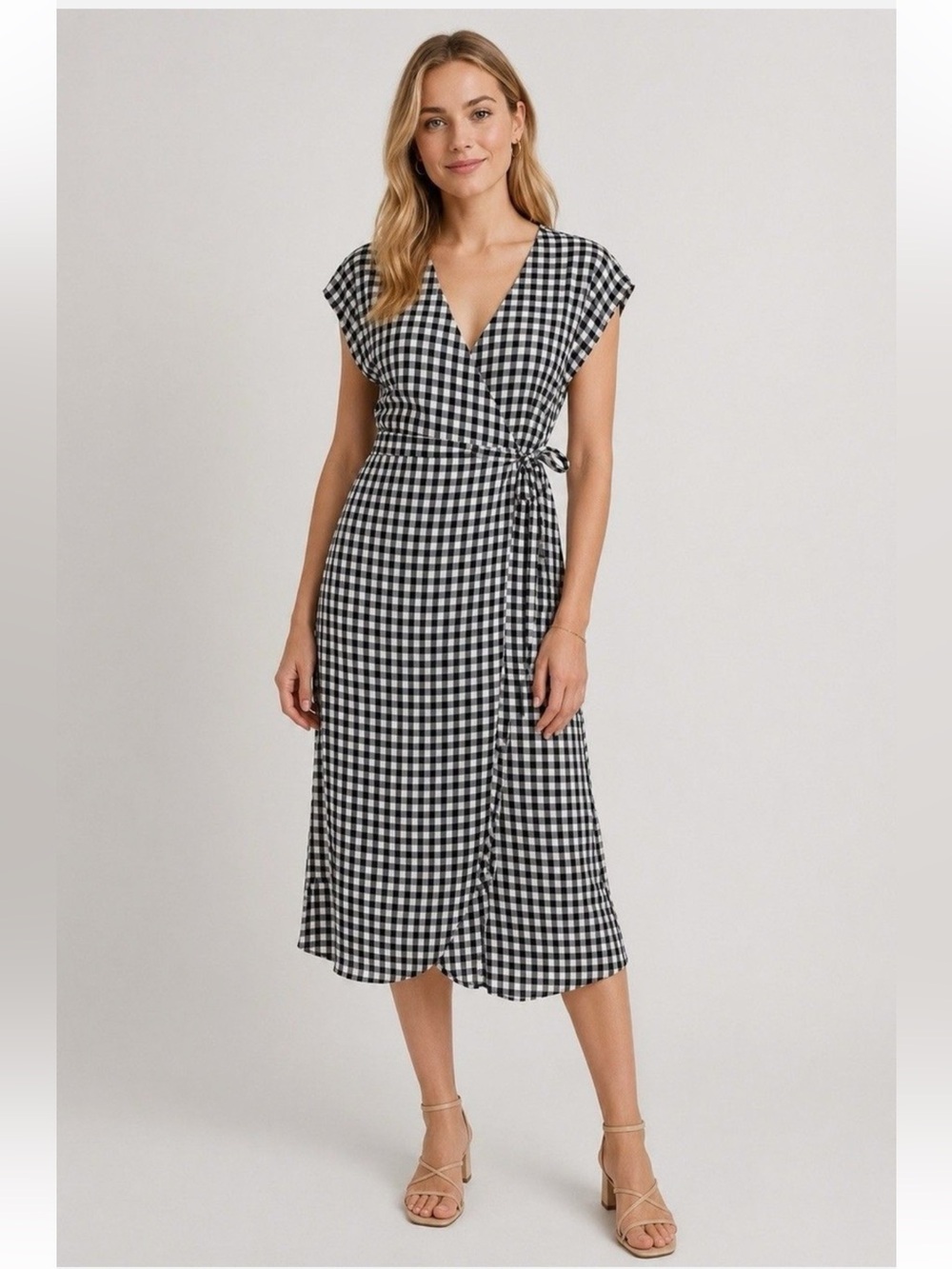 J.Crew Black White Gingham Wrap Midi Dress 100% Viscose Cap Sleeve SP